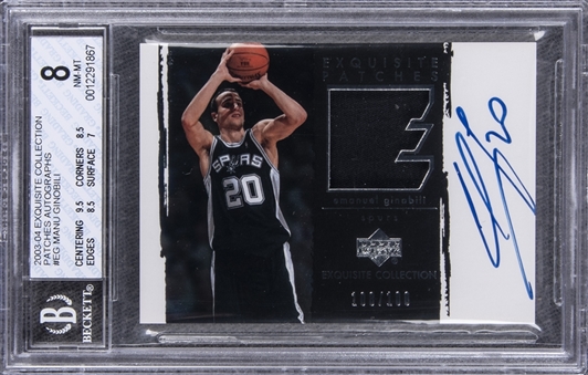 2003-04 UD "Exquisite Collection" Patches Autographs #EG Manu Ginobili Signed Game Used Patch Card (#100/100) – BGS NM-MT 8/BGS 9
